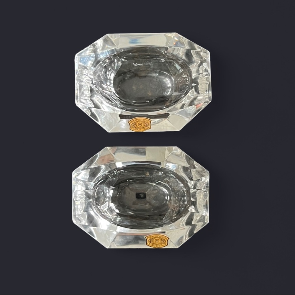 (2)Vintage MCM Val St. Lambert 🇧🇪 Faceted Cut Lead Crystal Ashtrays 4.75”x 3.75”